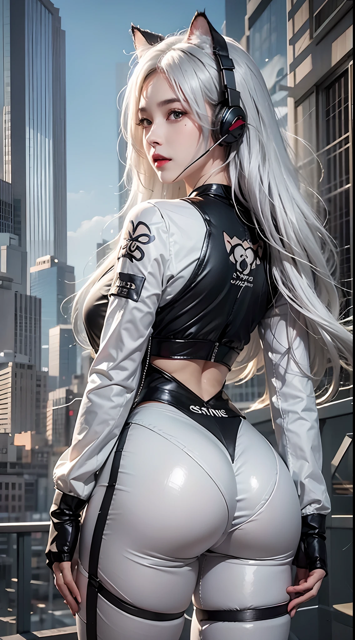 photorealistic, high resolution, soft light,1women, solo, hips up, (detailed face), jewelry, outfit-skyline, white hair, cat ears, headphone, tattoo, back view