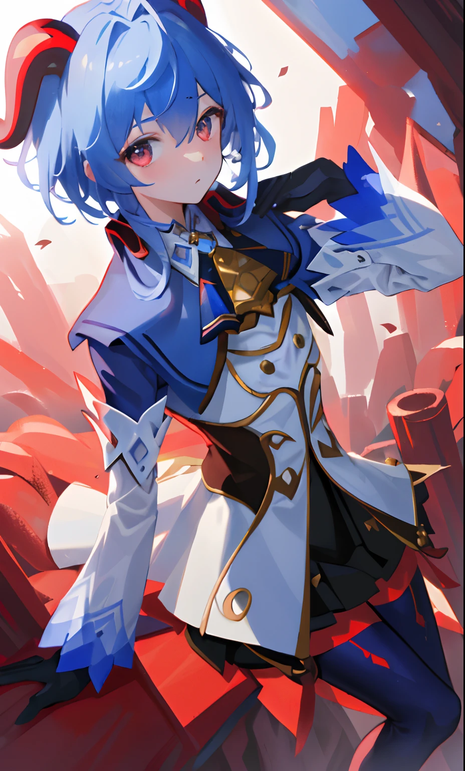 ((tmasterpiece,4k wallpaper,best qualtiy))ganyudef, Be red in the face, In the daytime, simple backgound, blue-sky, short detailed hair, Moody light,light blue hair,light particules,Blue Themes,Busty body,face expressionless,Brilliant,smooth thigh