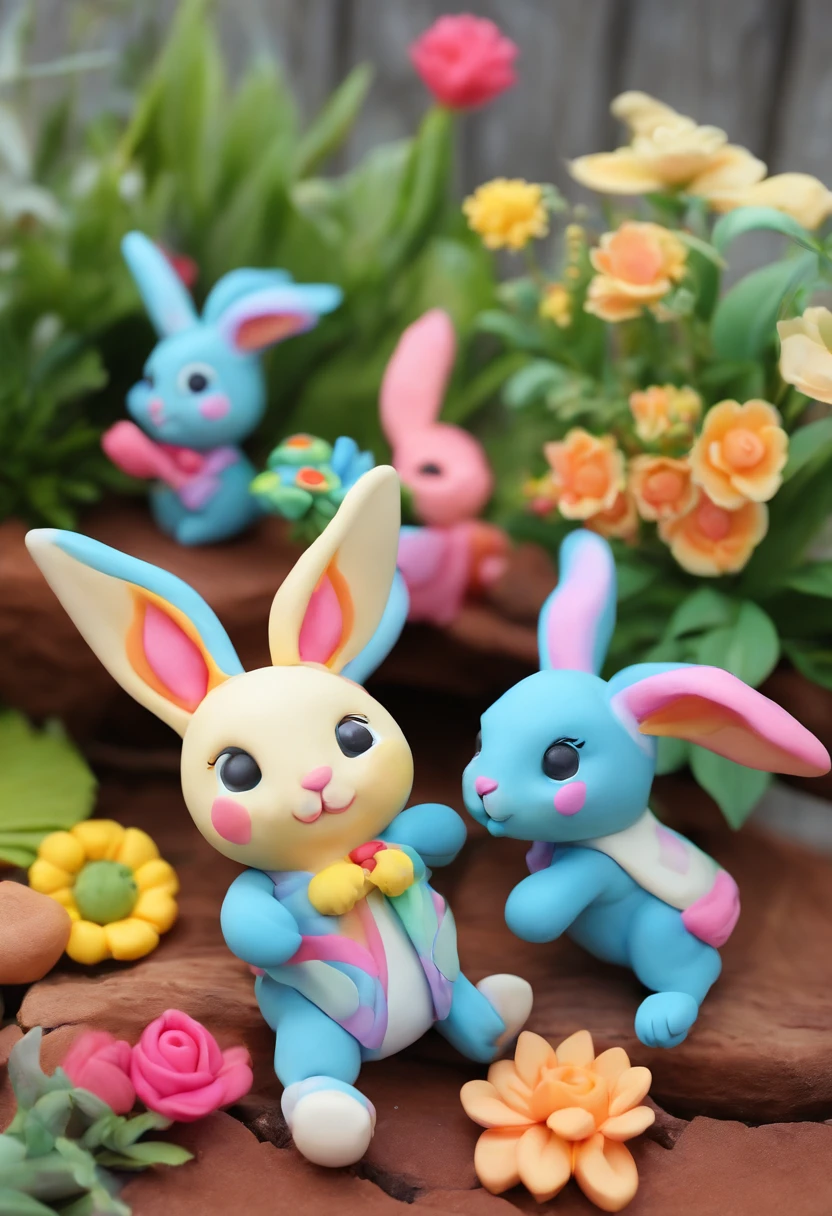 Cute baby rabbits running around in a colorful garden , colorful flowers, detailed, round and cute rabbits, colorful rabbits