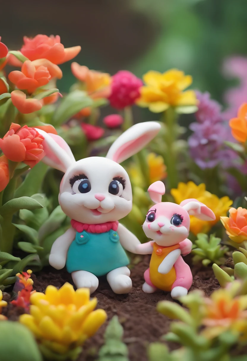 Cute  rabbits running around in a colorful garden , colorful flowers, detailed, round and cute rabbits, colorful rabbits