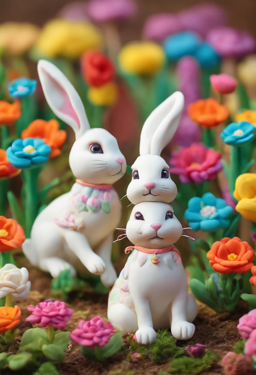 Cute baby rabbits running around in a colorful garden , colorful flowers, detailed, round and cute rabbits, colorful rabbits