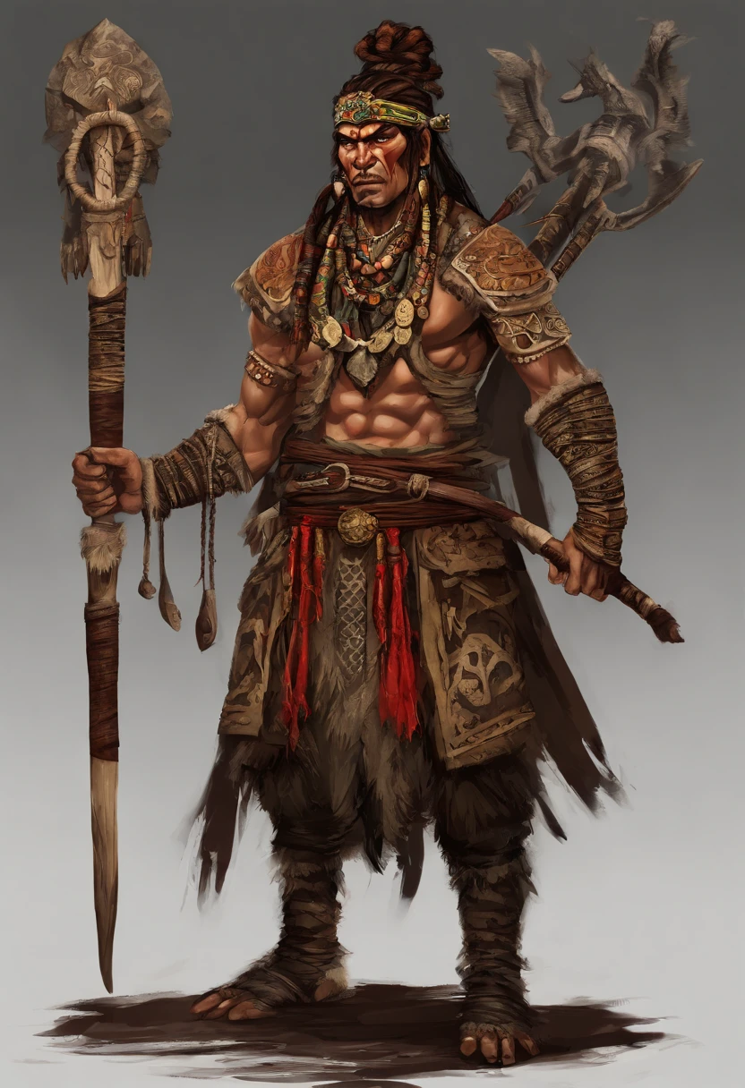 An Asian male leader with a beast bone on his head and a bow and arrow, Good facial features,There is a totem on the face,Determined gaze,Battle-hardened,Rough skin texture,The skin is yellow skin,Wear jade around the waist,Wooden cloth shoes on his feet,fantasy character concept, complex fantasy character, heroic fantasy character concept, rpg concept art character, full body concept, character posing for concept art, rpg character concept art, senior concept artist, detailed full-body concept, Fantasy character design, dark fantasy character design, concept art character, spirit fantasy concept art