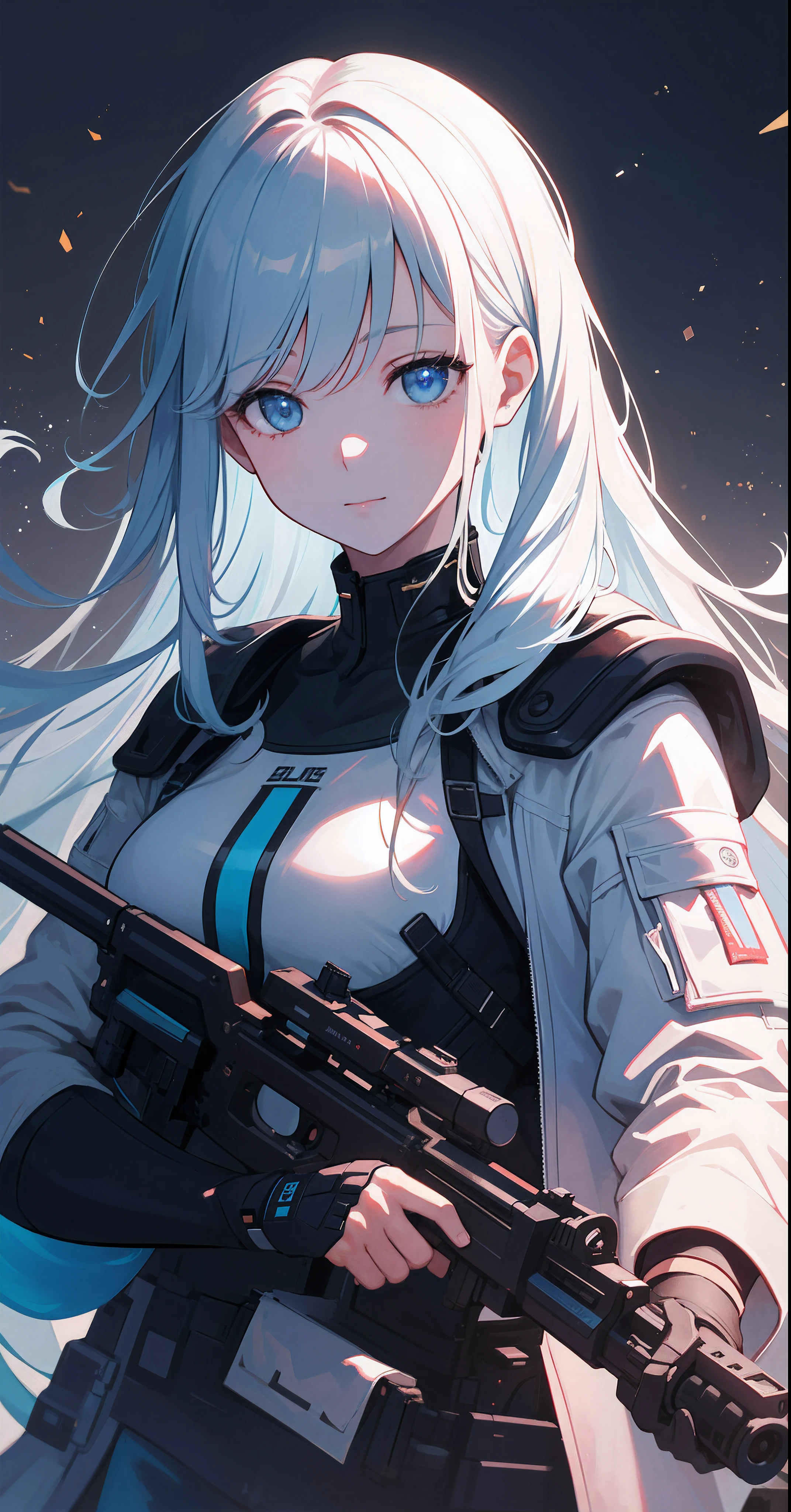 (the Extremely Detailed CG Unity 8K Wallpapers,masterpiece,top-quality,ultra-detailliert,Best Shadows),(细致背景),(beautifull detailed face,beatiful detailed eyes),highly contrast,(The best lighting,extremely delicate and beautiful),(Wide View),Photorealista: 1.4,a perfect illustration of artifical intelliengence(AI) After 5143,Special Forces Agent Girl,Extremely detailed,flawless,hyperdetailed face,Silky hair,Very light blue gradient hair,Bitgirl,A device with an optical rifle in both hands,Background of the near future,During night combat,Rifle shooting scene,Smile,Dress Type,Wear a white troop jacket