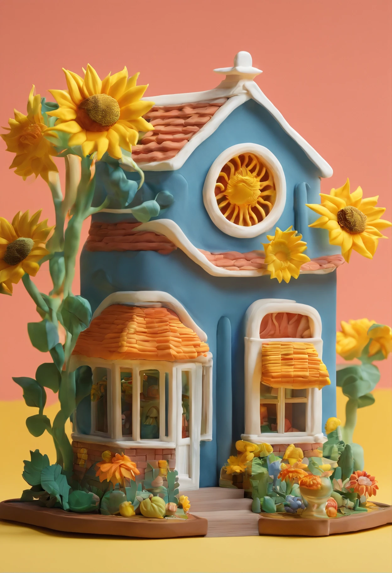 a sunflower house gloria studio, the garden is full of sunflowers, clay material, cartoonish design style, pop mart, soft lighting, smooth lines, tilt-shift lenses, detailed science fiction illustrations, hyper-realistic details, warm color