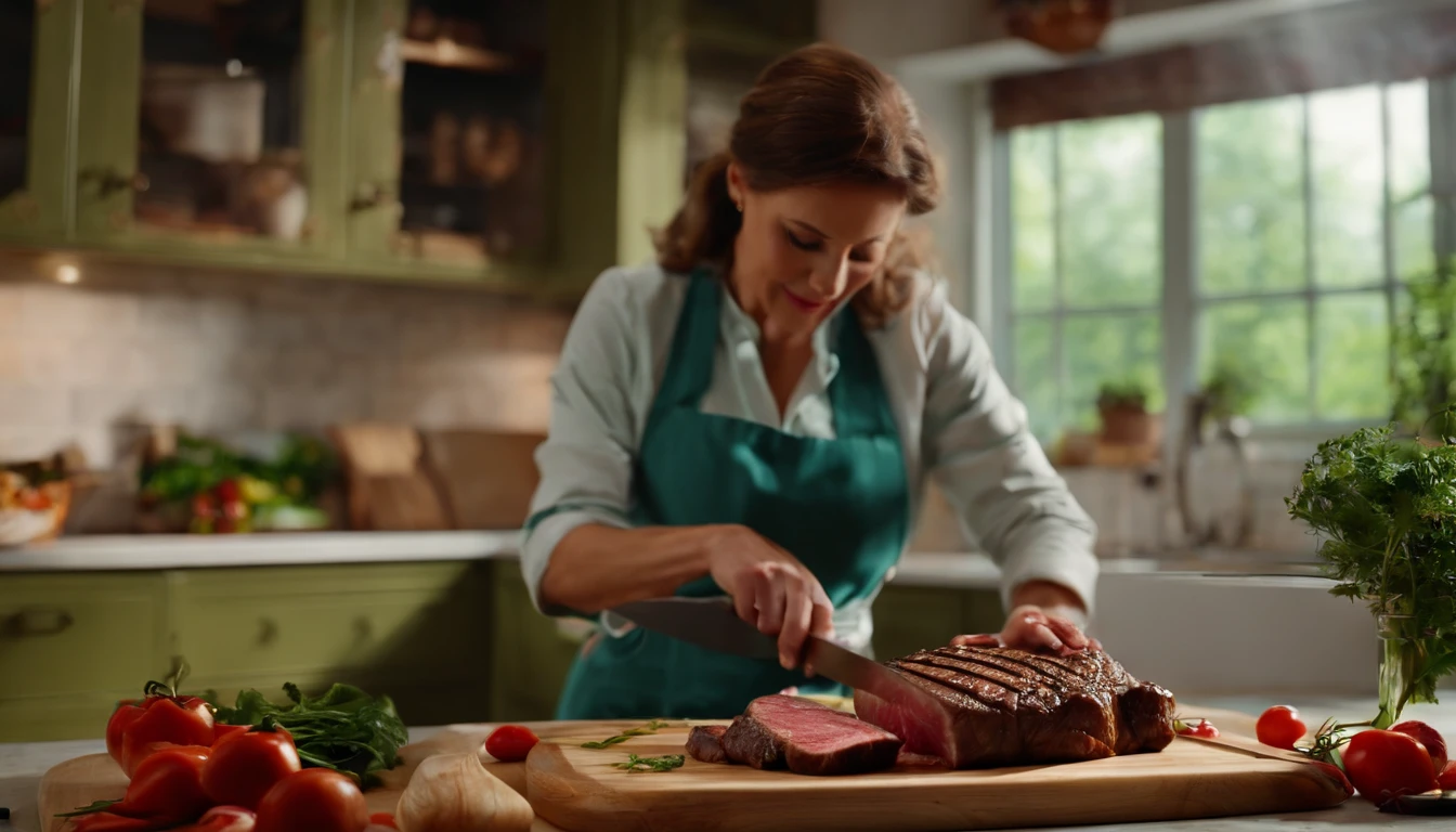 Bright kitchen,Woman cutting steak on cutting board