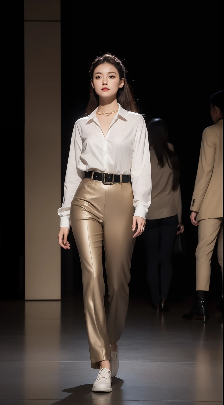 (8K分辨率,Full-body photos),(1womanl,age 22,((rosto magro,Flushed face,delicated face,详细的脸),Slightly squinted eyes,Seductive smile,(Single ponytail,Long hair micro-curls)),Fair smooth skin,(Best Skin Type:1.21),busty figure,((Bespoke slim suit,White shirt,denim pant,leather boots(Light and breathable,Contrast in fit,Faint camel toe,Slight marks on camel toes),Thin leather belt,Metal necklace,jewely),Tall and tall,(dancing posture,Naturally placed hands),delicate artwork,perfect hand,Ultra-fine clothing material),(Urban street background,Shuttling crowds,Exquisite setup details),(Professional lighting,Artistic lighting),((Noble and elegant,Material contrast,Color contrast))),(Golden section,Cinema lenses,Hasselblad photograp,tmasterpiece:1.3),(advanced art,High-end street wear,Official propaganda,Art platform)