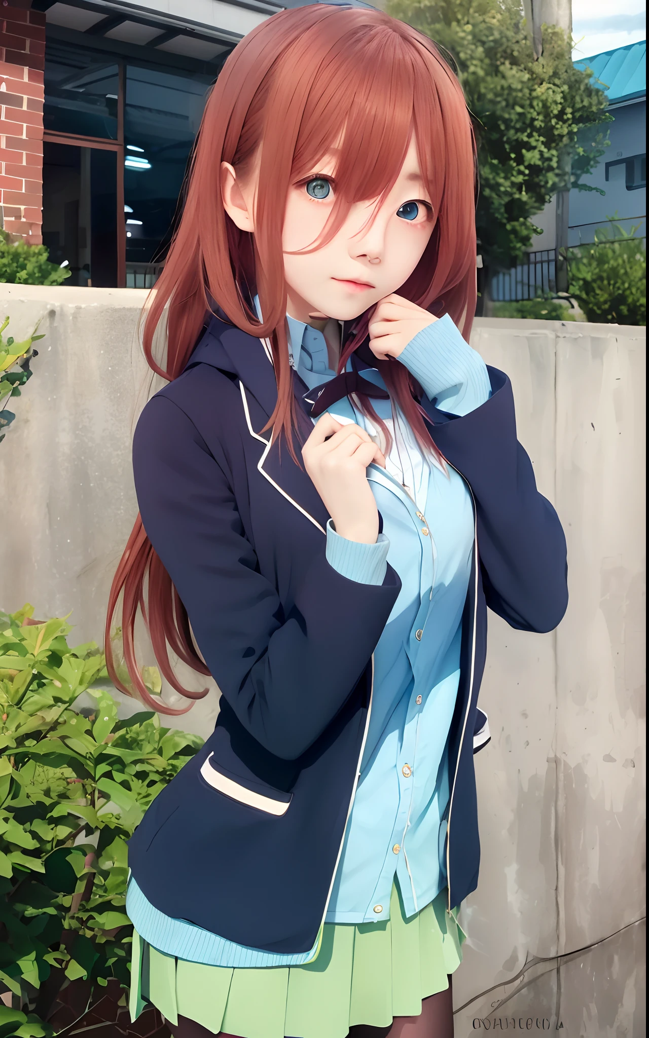 1 girl, Miku Nakano, brown hair, blue eyes, wearing a light blue jacket, wearing a light green short skirt, 16 year old
