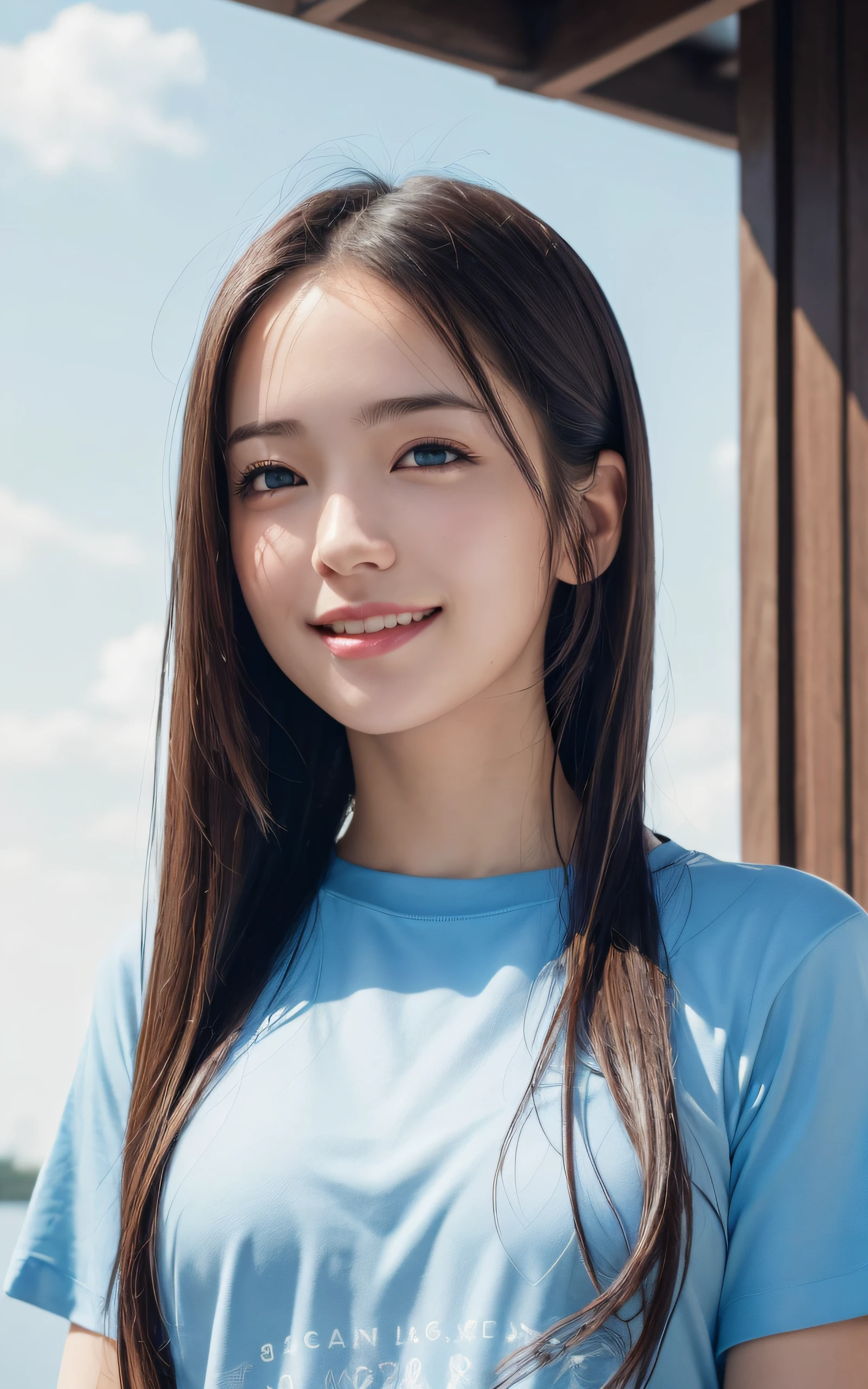 (8K, Best Quality, masutepiece:1.2), (Realistic, Photorealistic:1.37), Ultra Detail, 1 girl,Cute,Solo,Beautiful detailed sky,date,(Smile:1.15),(Closed mouth),Beautiful detailed eyes,(Medium length straight hair: 1.2),Floating hair , Upper body, T-shirt
