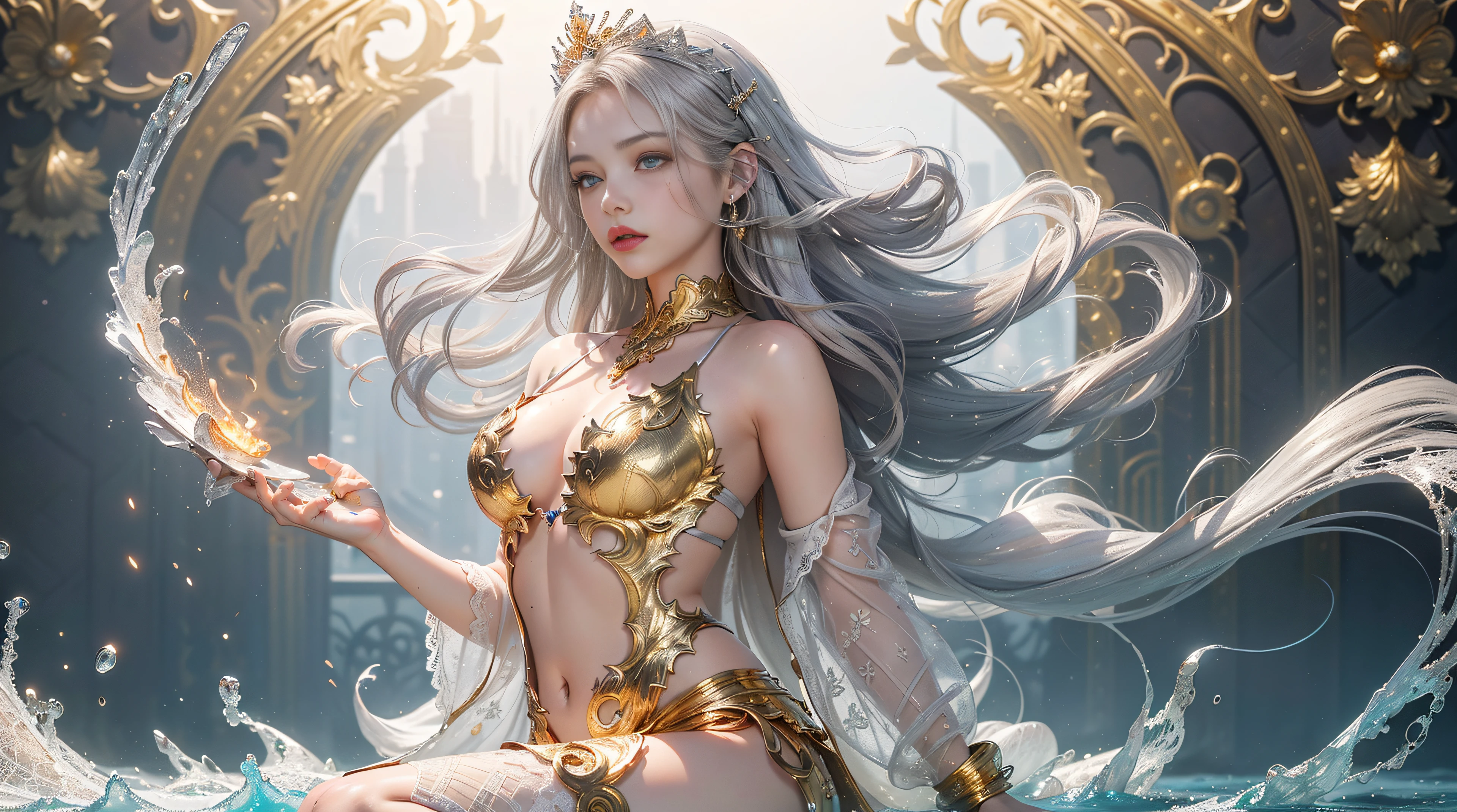 Masterpiece,Best quality,Best quality,Amazing,Beautiful detailed eyes,((1girll)),finely detailed,Depth of field,Extremely detailed Cg Unity 8K wallpaper,full bodyesbian,(Other Minato aqua),(((a girl wears Clothes with a silver texture))),((Extremely gorgeous metal style)),((metal crown，Decorated with ornate stripes)),((((Various metals background)))),Sputtered molten iron,(Floating hair),((Hair like melted metal)),(((Detailed face))),(((Detailed eyes))),(((Clothes made of silver))),(((Clothes with gold lace))),((full bodyesbian)),((((flowing gold and silver)))),(((((everything flowing and melt))))),(((((Flowing iron))))),(((((Flowing silver))))),((((lace flowing and melt)))),(Bare chest:1.3),(:1.2),1girll,Cowboy shot,Sitting,(:1.3),(Blush:1.2),(See-through:1.4),parted lip,