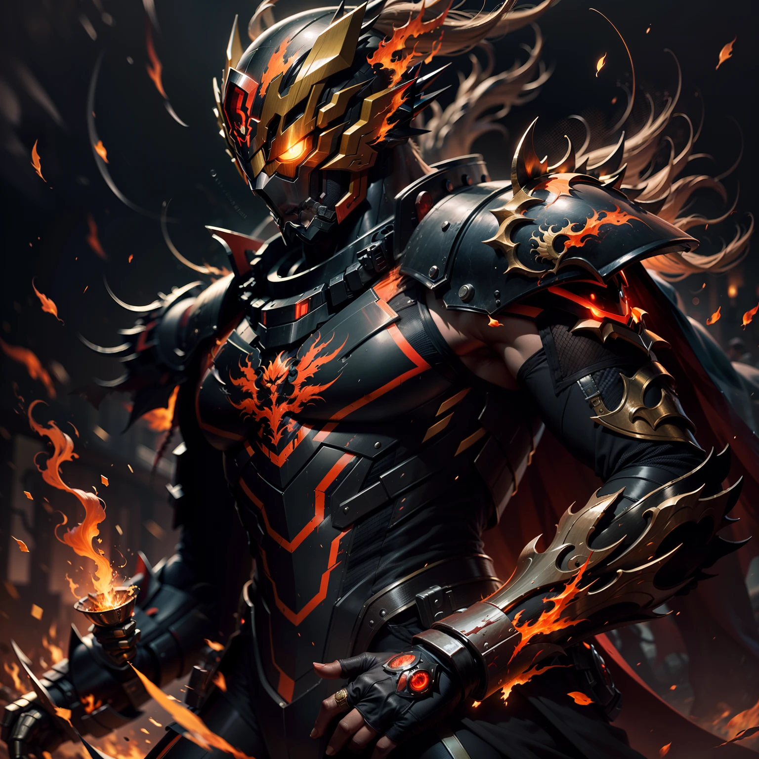 The best illustration,Master of martial arts,(Semi-mechanized Kamen Rider,Glowing red eyes),Wearing black-gold mechanical fire phoenix armor,Put on a beast helmet(Hideous),(Mechanical details 1.4),is fighting fiercely with demons,Flaming,The blood-stained cloak was wet by the rain,The picture is very dynamic,(Strong sense of action),(Highest quality),(tmasterpiece),