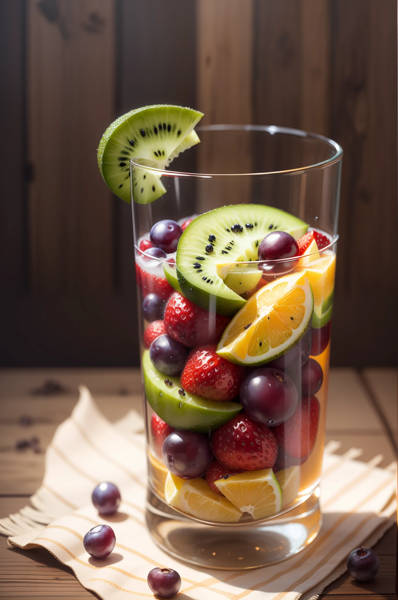 tmasterpiece,Fruit and ice cubes in clear glass,morango,grapes,kiwi fruit,Berry,pineapples,(Hyper-realistic:1.3)