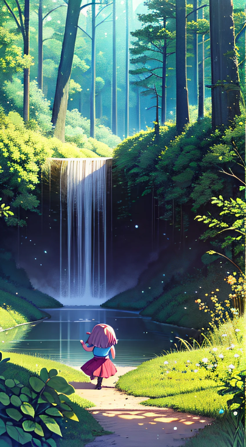 （Extremely detailed CG unified 8k wallpaper），（tmasterpiece），（best qualtiy），（super-fine），（The best illustrations），（painting of a），plethora of colors，brightly，Highly saturated，A Q version of a little girl playing in the forest