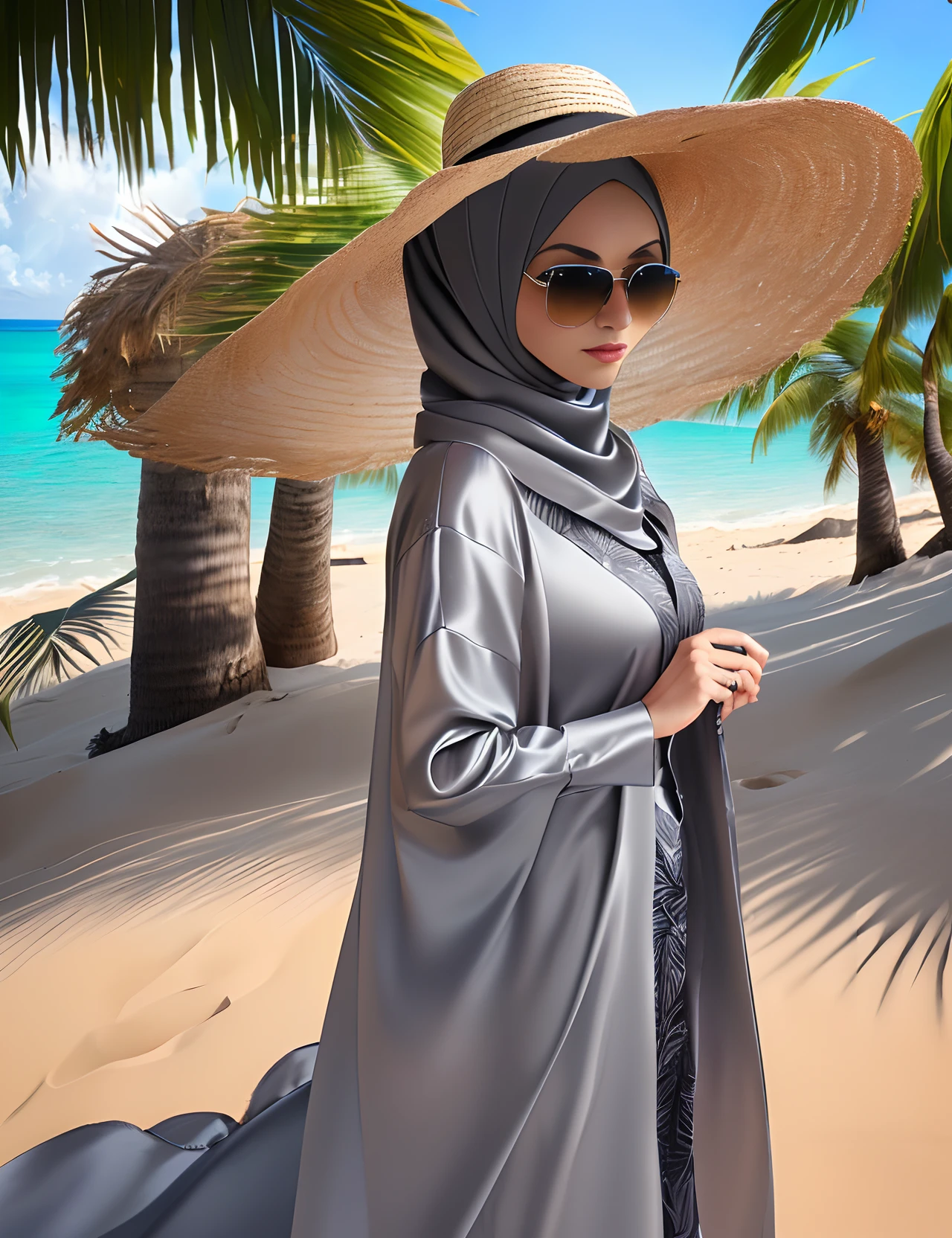 3DMM, ((Masterpiece, best quality, photography, detailed skin, realistic, photo-realistic, 8k, highly detailed, full length frame, High detail RAW colour art, diffused soft lighting, shallow depth of field, sharp focus, hyperrealism, cinematic lighting, a Turkish woman, beautifully makeup, beautiful big eyes, long eye lashes, hijab, wearing (Gray satin headscarf), (Gray satin shirt), wide batik sarong, long cardigan, Straw hat, Black Sunglasses, walking on the sand under coconut tree, picnic, beachside, beautiful sky --auto --s2