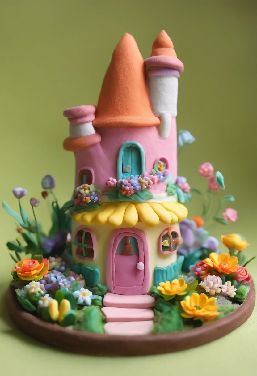 Cute miniature house , round house ,fairy tale style , pastel, colorful flowers, same size colorful flowers