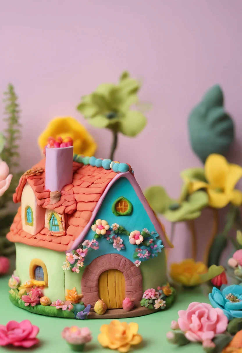 Cute miniature house , round house ,fairy tale style , pastel, colorful flowers, same size colorful flowers