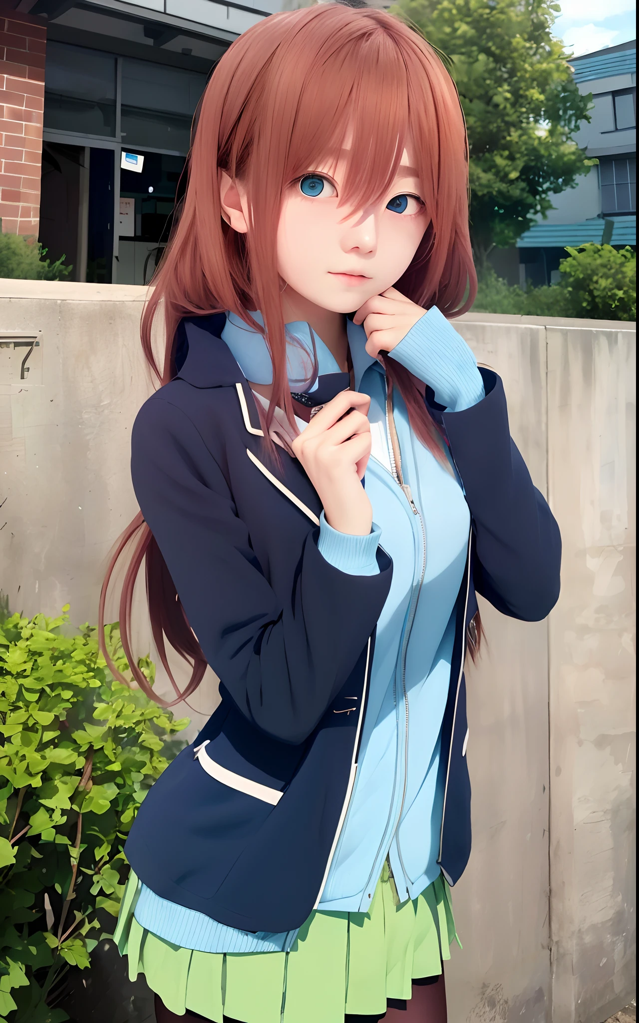 1 girl, Miku Nakano, brown hair, blue eyes, wearing a light blue jacket, wearing a light green short skirt, 16 year old