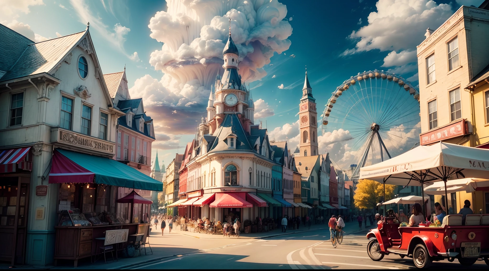 (best quality,4k,8k,highres,masterpiece:1.2),ultra-detailed,(realistic,photorealistic,photo-realistic:1.37),Ice cream city,delicious flavors,diverse ice cream buildings,colossal structures,crystalline landscape,sugary sweet cityscape,waffle cone skyscrapers,whipped cream clouds,prismatic colors,ice cream cone lampposts,flavorful streets,caramel river,sprinkles-rainbow roads,towering sundae sculpture,ice cream parlor,joyful atmosphere,families enjoying frozen treats,children's laughter,cotton candy park,multi-colored popsicle gardens,chocolate fudge fountain,whimsical candy decorations,refreshingly cool ambiance,ice cream cart vendors,sweet aromas filling the air,happy visitors,happiness on every corner,summer vibes,endless flavors to explore,lively Ice cream festival,all-you-can-eat Ice cream buffet,people indulging in their favorite flavors,candy-coated Ferris wheel,ice cream-themed parade,music and laughter,fantasy-like dreamscape.
