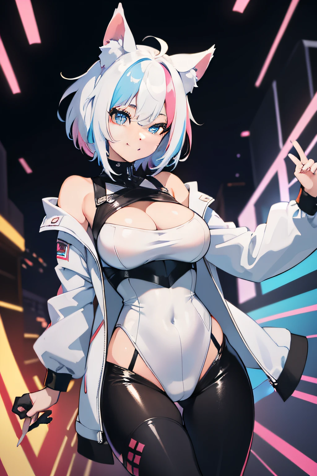 the anime character is fully dressed in a very warm and sexy outfit, 1girl, solo, multicolored pastel hair, blue eyes, virtual youtuber, animal ears, streaked hair, white hair, oversized black jacket, breasts, smile, short hair, bodysuit, cyber, neon, expressive, perfect face