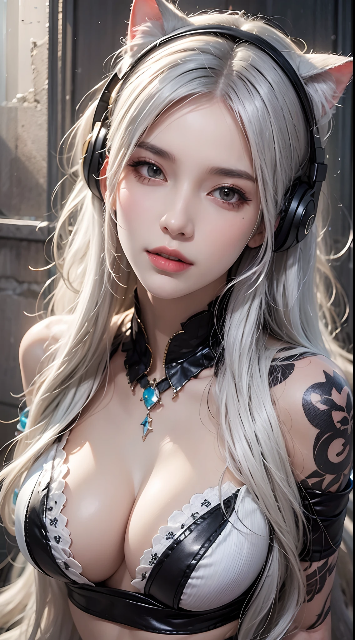 photorealistic, high resolution, soft light,1women, solo, hips up, (detailed face), jewelry, outfit-skyline, white hair, cat ears, headphone, tattoo