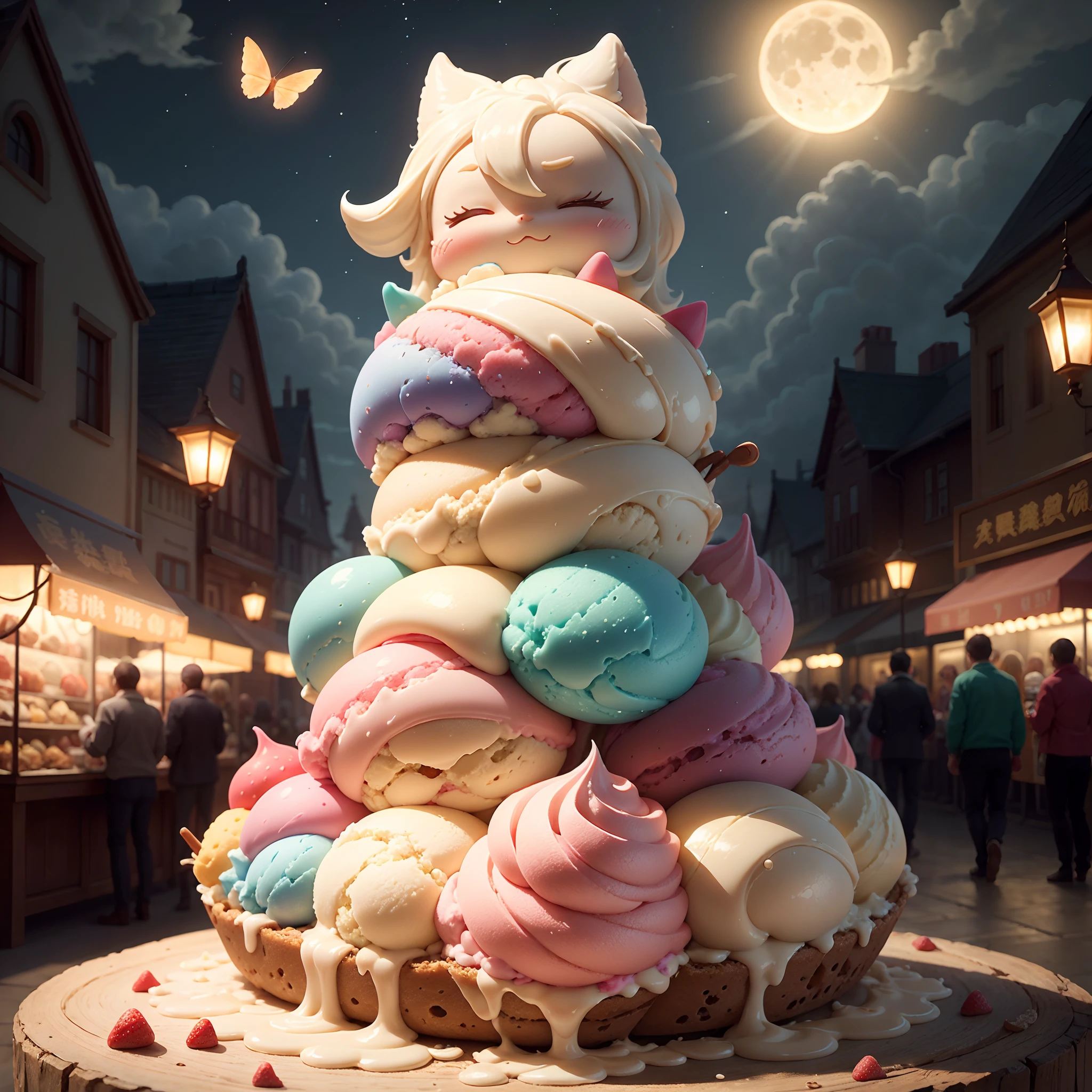 ,Masterpiece, Best quality,8K, 超高分辨率,In a distant world,There is a mysterious and beautiful place - the fantasy ice cream kingdom。The kingdom is full of fantasy and sweet atmosphere,Attractive aromas and colors everywhere。 The sun shines warmly through the clouds,Illuminated the entire ice cream kingdom。You can see buildings made of bizarre cartoon shapes,Everyone is like a character from a fairy tale。Huge ice cream basketball hoops stand in the city center,Savor the endless sweetness。 While strolling down the street,You'll find roadside stalls filled with a wide variety of ice cream。There is ice cream with pink strawberry cones,It has a rich, creamy aroma;And blue mint ice cream,Cold and fresh。You can see many excited kids holding quirky shapes of ice cream,Enjoy this sweet world with joy。 There are also colorful balloons floating in the sky,Each one is inlaid with dreamy little stars。These stars emit a soft and warm glow,Illuminate the entire kingdom。When night falls,The stars become brighter,Together with the moon, Create a night out。 The end of the fantasy ice cream kingdom,It is a mysterious forest。This forest is full of magical creatures and magic。Huge chocolate trees soar in the sky,The canopy is filled with ice cream fruits of various flavors。Colorful butterflies fly down from the treetops,There are twinkling wings,Everyone has a different scent。 The entire fantasy ice cream kingdom seems to be surrounded by fantastic ice cream energy,Every corner exudes beauty、Sweet and happy。It's an unforgettable one、Beautiful scene that brings endless fun。