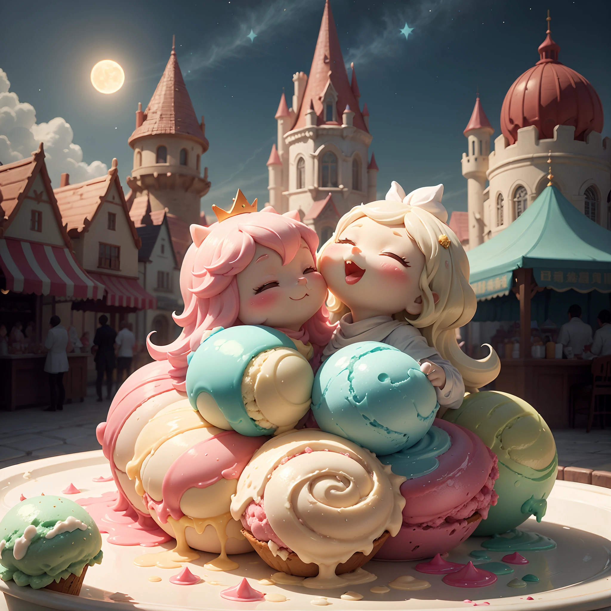 ,Masterpiece, Best quality,8K, 超高分辨率,In a distant world,There is a mysterious and beautiful place - the fantasy ice cream kingdom。The kingdom is full of fantasy and sweet atmosphere,Attractive aromas and colors everywhere。 The sun shines warmly through the clouds,Illuminated the entire ice cream kingdom。You can see buildings made of bizarre cartoon shapes,Everyone is like a character from a fairy tale。Huge ice cream basketball hoops stand in the city center,Savor the endless sweetness。 While strolling down the street,You'll find roadside stalls filled with a wide variety of ice cream。There is ice cream with pink strawberry cones,It has a rich, creamy aroma;And blue mint ice cream,Cold and fresh。You can see many excited kids holding quirky shapes of ice cream,Enjoy this sweet world with joy。 There are also colorful balloons floating in the sky,Each one is inlaid with dreamy little stars。These stars emit a soft and warm glow,Illuminate the entire kingdom。When night falls,The stars become brighter,Together with the moon, Create a night out。 The end of the fantasy ice cream kingdom,It is a mysterious forest。This forest is full of magical creatures and magic。Huge chocolate trees soar in the sky,The canopy is filled with ice cream fruits of various flavors。Colorful butterflies fly down from the treetops,There are twinkling wings,Everyone has a different scent。 The entire fantasy ice cream kingdom seems to be surrounded by fantastic ice cream energy,Every corner exudes beauty、Sweet and happy。It's an unforgettable one、Beautiful scene that brings endless fun。