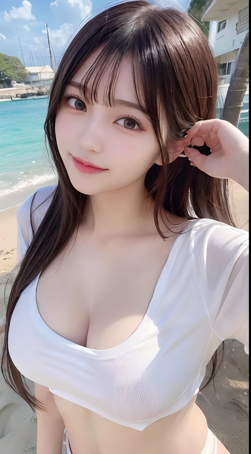 masutepiece, Best quality, illustration, Ultra-detailed, finedetail, A high resolution, 8K wallpaper, Perfect dynamic composition, Beautiful detailed eyes, komono, cropped shoulders, cleavage，saggy tits,(Huge breasts:2.0),ssmile,(Have by the sea),sface focus，looking at viewert，Detailed beautiful eyes，