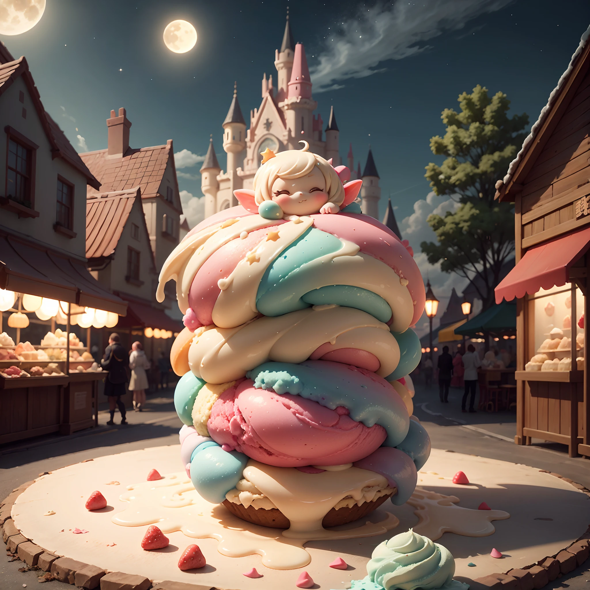 ，Masterpiece, Best quality，8K, 超高分辨率，In a distant world，There is a mysterious and beautiful place - the fantasy ice cream kingdom。The kingdom is full of fantasy and sweet atmosphere，Attractive aromas and colors everywhere。 The sun shines warmly through the clouds，Illuminated the entire ice cream kingdom。You can see buildings made of bizarre cartoon shapes，Everyone is like a character from a fairy tale。Huge ice cream basketball hoops stand in the city center，Savor the endless sweetness。 While strolling down the street，You'll find roadside stalls filled with a wide variety of ice cream。There is ice cream with pink strawberry cones，It has a rich, creamy aroma；And blue mint ice cream，Cold and fresh。You can see many excited kids holding quirky shapes of ice cream，Enjoy this sweet world with joy。 There are also colorful balloons floating in the sky，Each one is inlaid with dreamy little stars。These stars emit a soft and warm glow，Illuminate the entire kingdom。When night falls，The stars become brighter，Together with the moon, Create a night out。 The end of the fantasy ice cream kingdom，It is a mysterious forest。This forest is full of magical creatures and magic。Huge chocolate trees soar in the sky，The canopy is filled with ice cream fruits of various flavors。Colorful butterflies fly down from the treetops，There are twinkling wings，Everyone has a different scent。 The entire fantasy ice cream kingdom seems to be surrounded by fantastic ice cream energy，Every corner exudes beauty、Sweet and happy。It's an unforgettable one、Beautiful scene that brings endless fun。