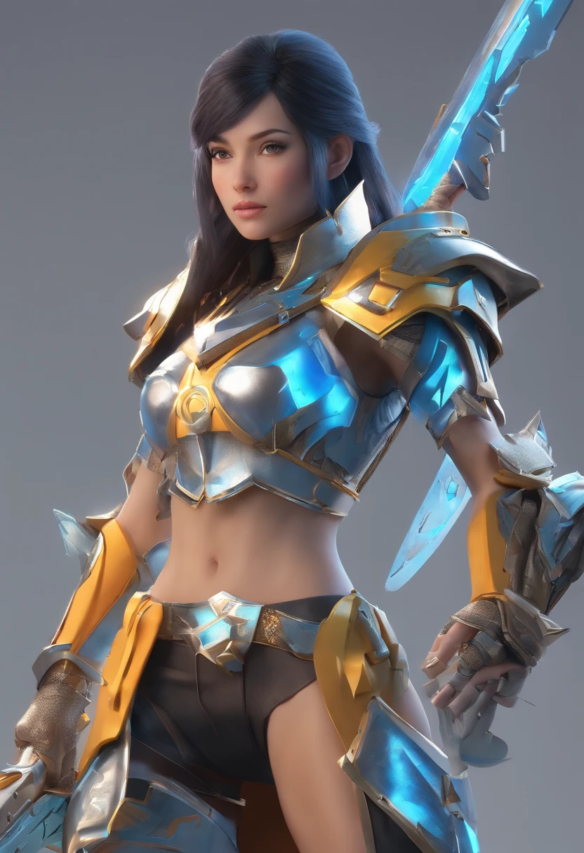 Girl with black hair and blue eyes, valkyrie helmet and armor, full 3 pose, character design, ultra high resolution 8k, ultra high definition 4k, magic-sword knight, sci-fi armor, shine, heroine face, Elemental sword, full plate silver color, stabilizer diffusion, Tron style, pony tail, many sword in background,