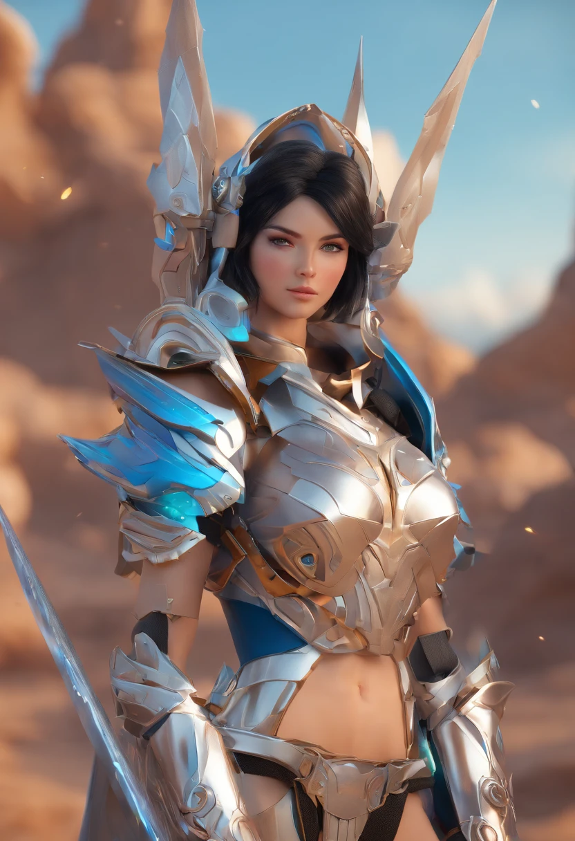 Girl with black hair and blue eyes, valkyrie helmet and armor, full 3 pose, character design, ultra high resolution 8k, ultra high definition 4k, magic-sword knight, sci-fi armor, shine, heroine face, Elemental sword, full plate silver color, stabilizer diffusion, Tron style, pony tail, many sword in background,