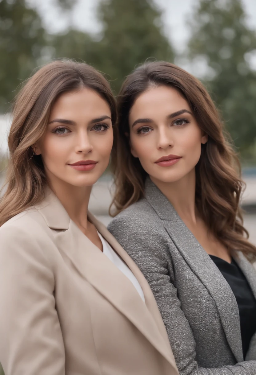 lesbian couple of a beautiful woman with beautiful appearance and well dressed in a cute suit like a big businesswoman, cabelos pretos longos, 30 anos, provocando a cintura da outra mulher americana, 26 anos, castanho claro, cabelos cortados e longos, vestido com uma roupa casual com grande estilo, a jacket in a romantic mood. rosto perfeito, olhos perfeitos, Realistic photo, 4k, Movie Scene, Romance bonito de duas mulheres, emocional,