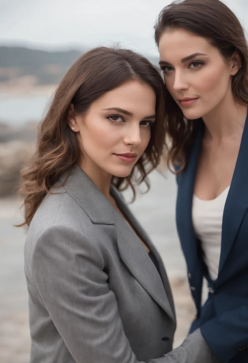 lesbian couple of a beautiful woman with beautiful appearance and well dressed in a cute suit like a big businesswoman, cabelos pretos longos, 30 anos, provocando a cintura da outra mulher americana, 26 anos, castanho claro, cabelos cortados e longos, vestido com uma roupa casual com grande estilo, a jacket in a romantic mood. rosto perfeito, olhos perfeitos, Realistic photo, 4k, Movie Scene, Romance bonito de duas mulheres, emocional,