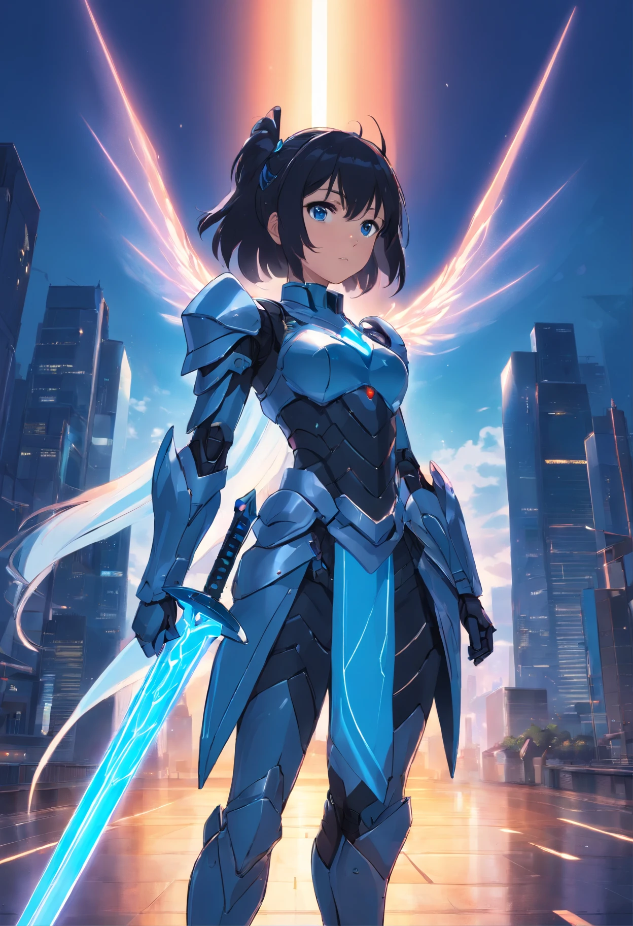 Girl with black hair and blue eyes, valkyrie helmet and armor, full 3 pose, character design, ultra high resolution 8k, ultra high definition 4k, magic-sword knight, sci-fi armor, shine, heroine face, Elemental sword, full plate silver color, stabilizer diffusion, Tron style, pony tail, many sword in background,