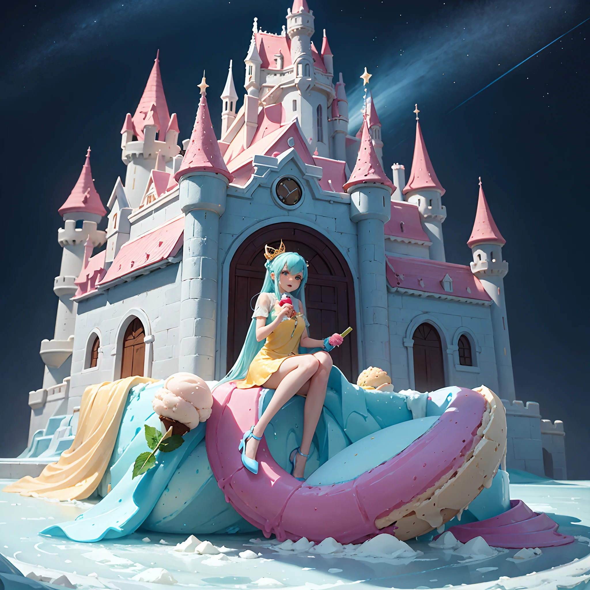 ,masterpiece, best quality,8k, ultra highres,In this intoxicating picture,A captivating and dreamy ice cream paradise unfolds before your eyes。The park exudes colorful colors and sweet aromas,As if out of a fairy tale world。 Above all,In front of you is a huge ice cream castle,It is built from a variety of flavors of ice cream。chocolate bar、morango、vanilla、The pastry architecture of various ice creams such as blueberries forms the spectacular castle appearance,The sunlight shines through the neon lights of the ice cream castle against the colorful glass windows,Exudes a fantastical glow。 Ice cream characters dressed in cute cartoon shapes frolic happily in the park,Their smiles are filled with innocence and joy。There is an ice cream queen sitting on a throne in the middle of the garden,She holds the magical ice cream scepter,The ability to create any ice cream people want。 The streets of the park are lined with food stalls,Each stall showcases mouth-watering ice cream creations。Ice cream rolls with a rainbow flavor、Popular ice cream biscuit sandwiches and a variety of exotic ice cream shapes,These delicious ice creams give off a tantalizing aroma,People can't help but swallow。 The whole park is filled with fantastic light and shadow effects,Sunlight penetrates the surface of the ice cream,Creates colorful light spots,It shines on the ground to form a beautiful world of light and shadow。The sky of paradise is a mysterious night sky,The stars twinkle,It's like telling a story to people。 This fantasy ice cream paradise brings people infinite joy and surprises,Make everyone feel like they are in a sweet and fantasy world。