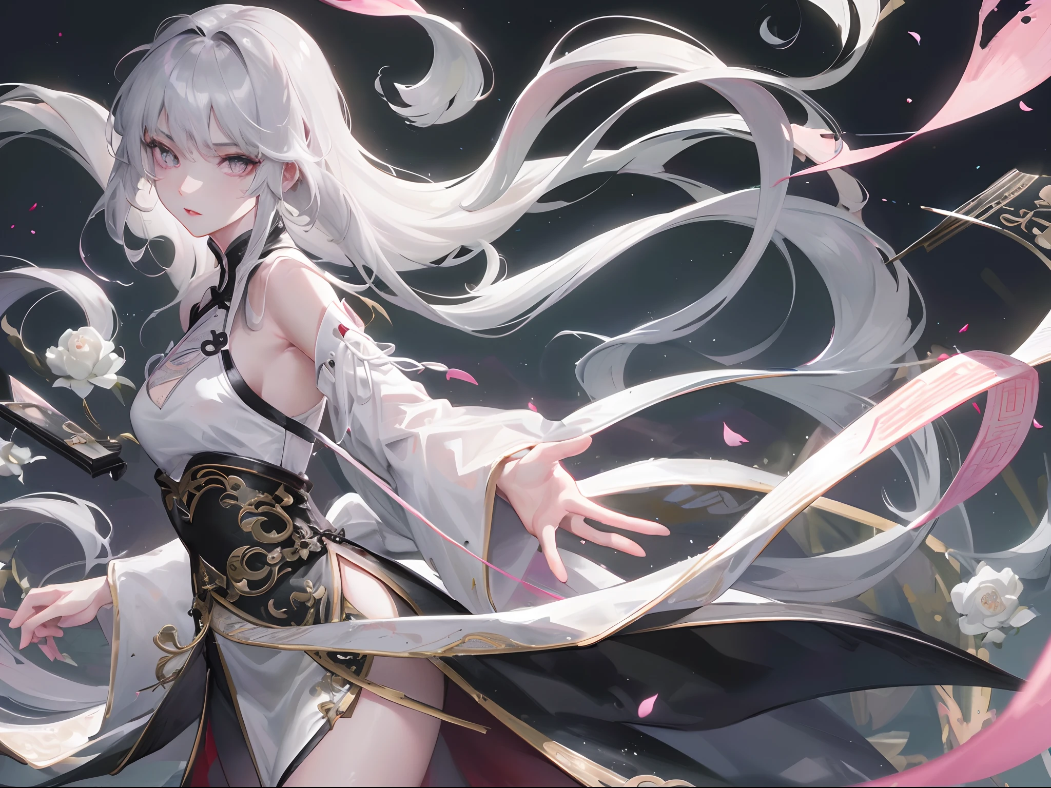 8K, Masterpiece, Best quality, Night, full moon, 1 girl, Chinese style, Chinese architecture, Mature woman, sister, Silver white long haired woman, Long hair, Light pink lips, calm, Logical, bangs, Gray pupils, assassins, Fan, Knife fan, petal dancing, Delicate face,