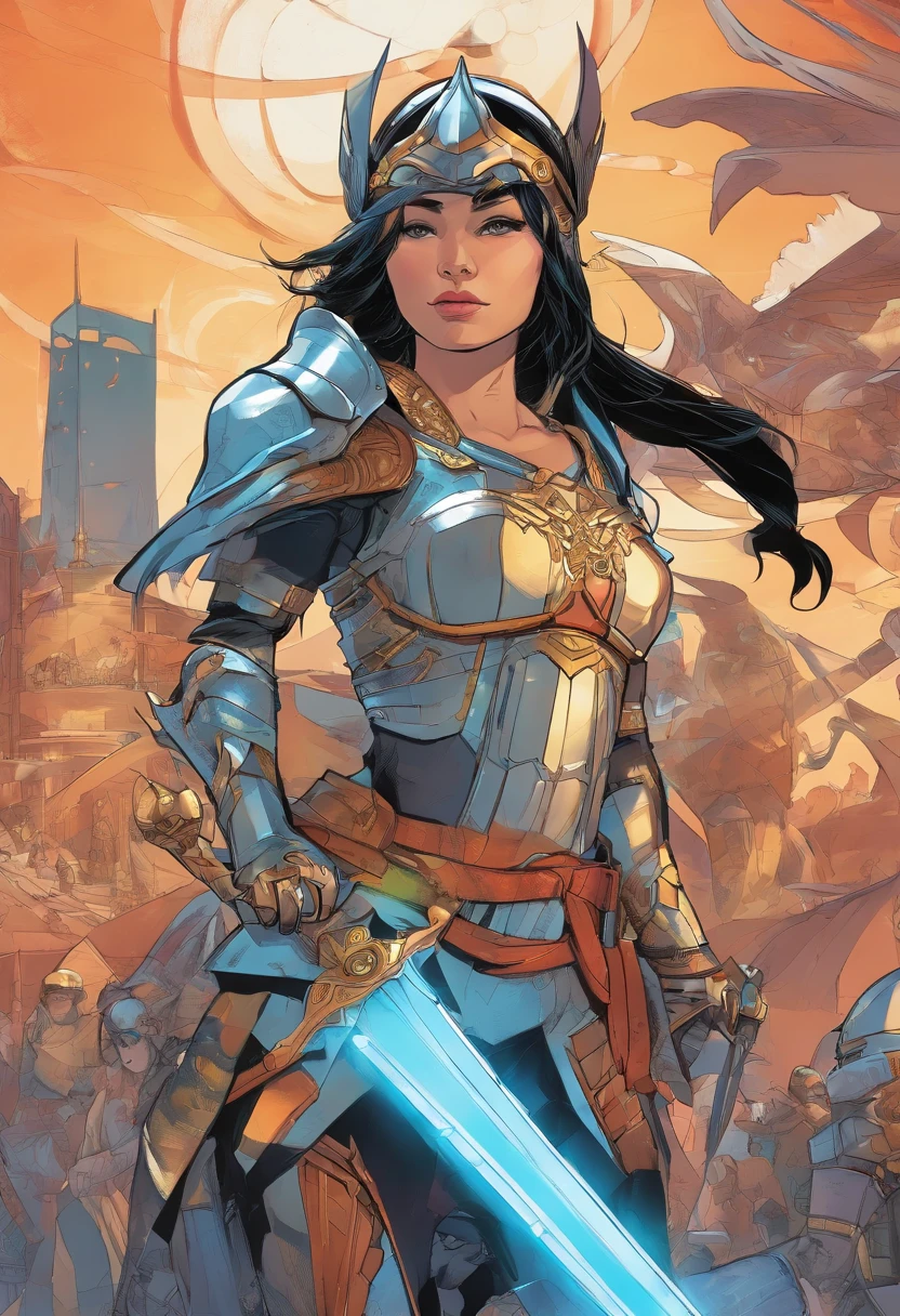 Girl with black hair and blue eyes, valkyrie helmet and armor, full 3 pose, character design, ultra high resolution 8k, ultra high definition 4k, magic-sword knight, sci-fi armor, shine, heroine face, Elemental sword, full plate silver color, stabilizer diffusion, Tron style, pony tail, many sword in background,