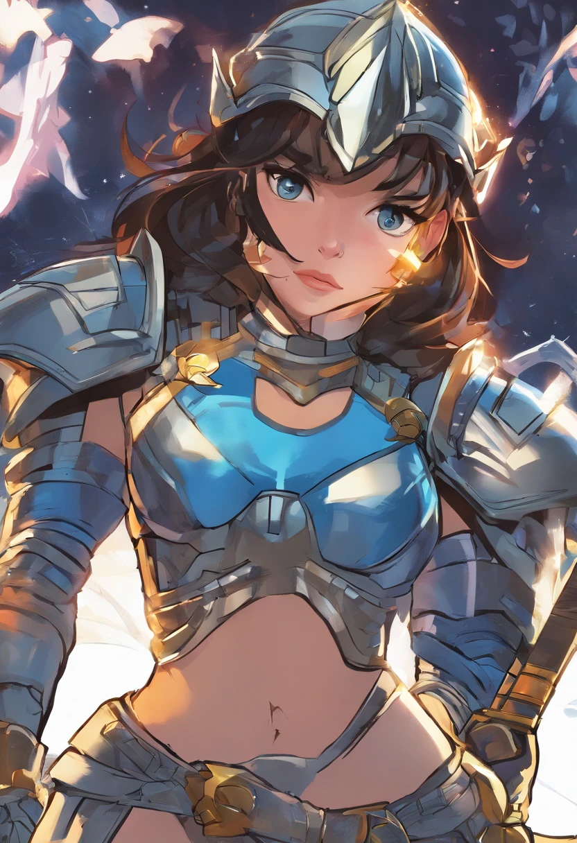 Girl with black hair and blue eyes, valkyrie helmet and armor, full 3 pose, character design, ultra high resolution 8k, ultra high definition 4k, magic-sword knight, sci-fi armor, shine, heroine face, Elemental sword, full plate silver color, stabilizer diffusion, Tron style, pony tail, many sword in background,