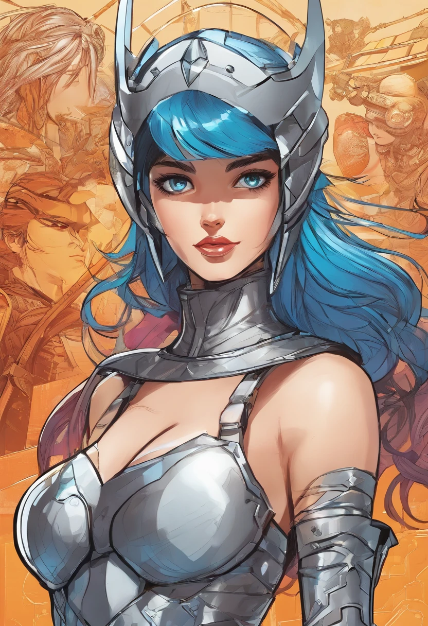Girl with black hair and blue eyes, valkyrie helmet and armor, full 3 pose, character design, ultra high resolution 8k, ultra high definition 4k, magic-sword knight, sci-fi armor, shine, heroine face, Elemental sword, full plate silver color, stabilizer diffusion, Tron style, pony tail, many sword in background,