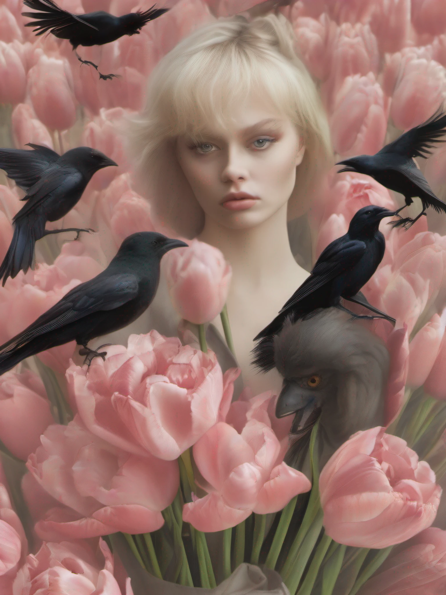 A close up portrait of a beatiful lady, macro beauty photo, holding a bunch of tulips, surrounded by scary crows from hell. Shot on a Hasselblad medium format camera with 100mm lens. Unmistakable to a photo, cinematic lighting, Photographer Tim Walker, trending on 500 px. --AR 14:5, --s 750, --NIJI 15, -- v 5,2