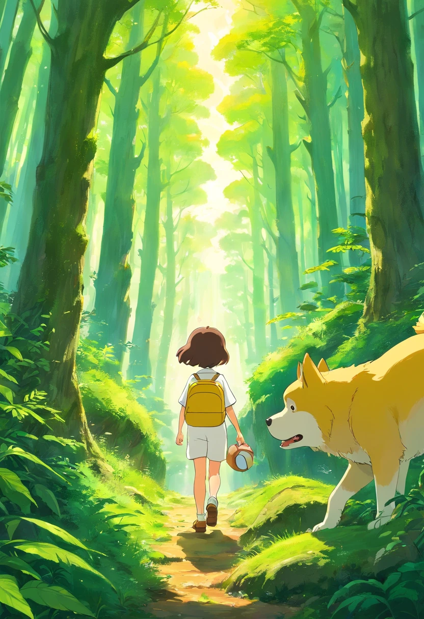 Boy in white top and his big yellow dog walking deep in the forest,It is surrounded by thick trees,There are moss on the trees,The land is wet,There are white mushrooms growing out,in style of ghibli,Wonderful,tmasterpiece,