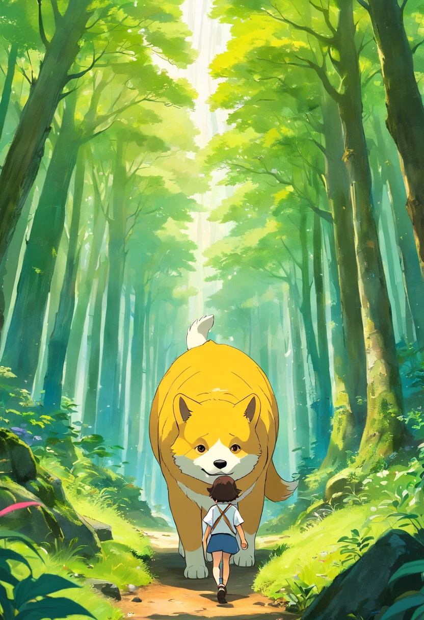 Boy in white top and his big yellow dog walking deep in the forest,It is surrounded by thick trees,There are moss on the trees,The land is wet,There are white mushrooms growing out,in style of ghibli,Wonderful,tmasterpiece,