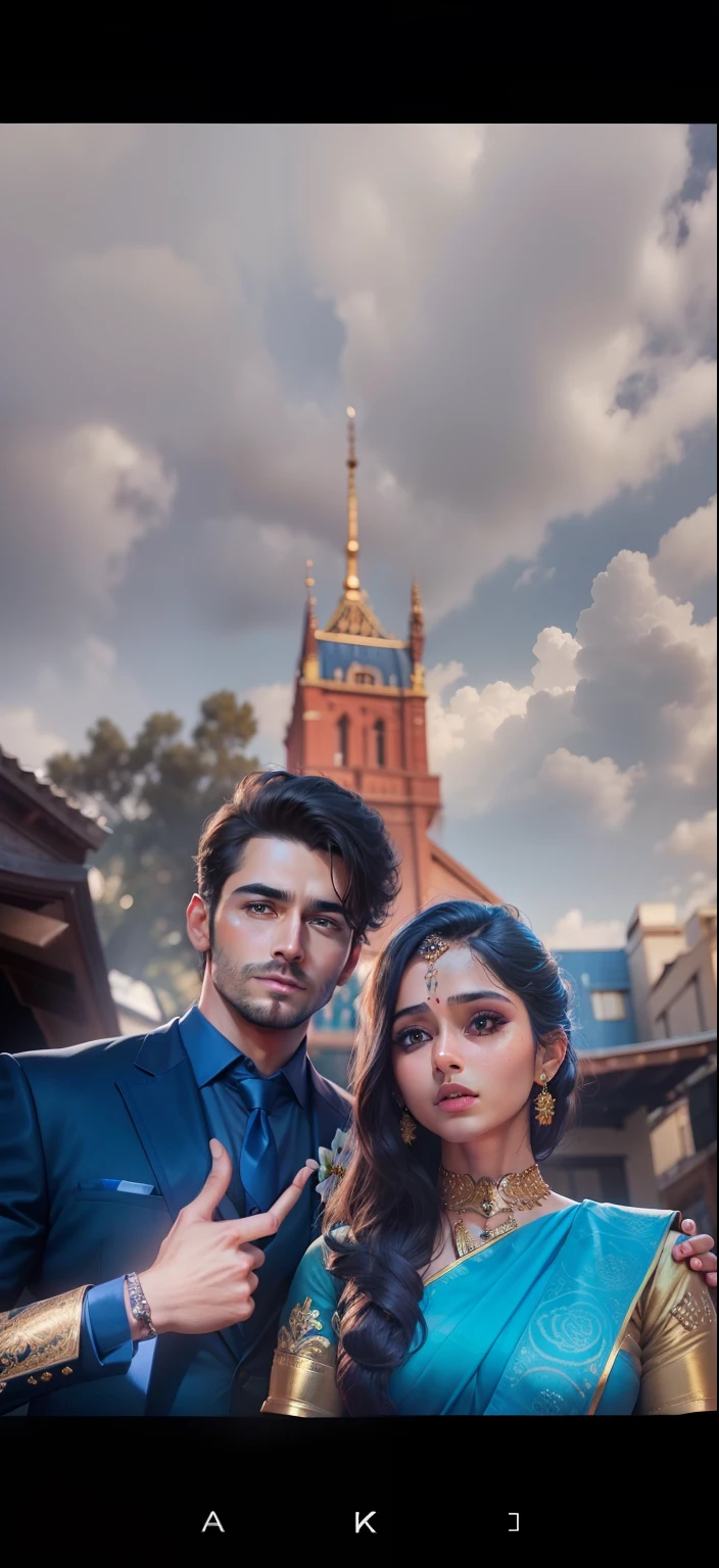 A handsome boy wearing blue suit and shirt and a beautiful girl wearing blue saree. Ultra realistic, 8k quality,