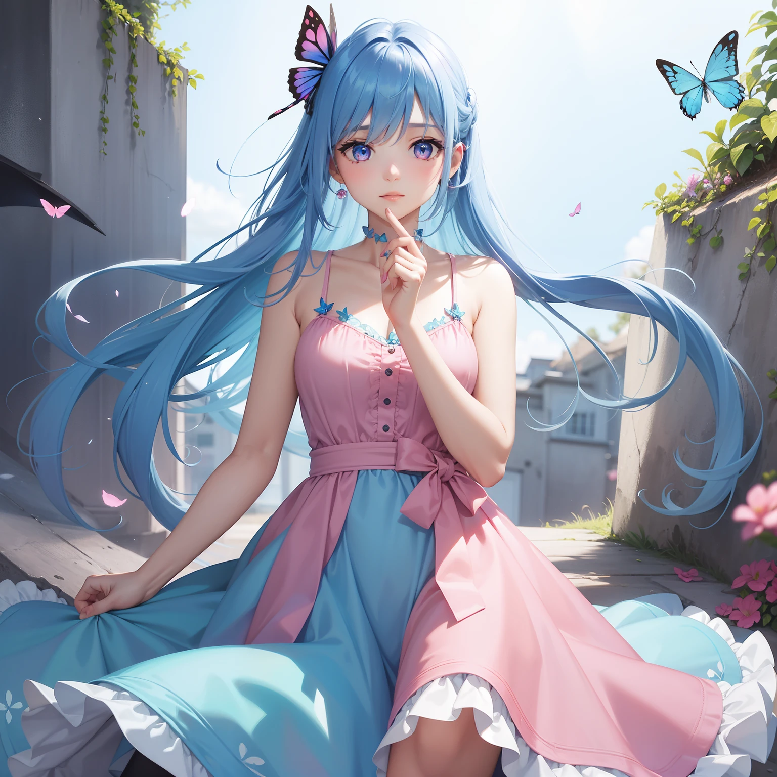 a women, blue butterfly, blue hair, pink eyes, pink dress