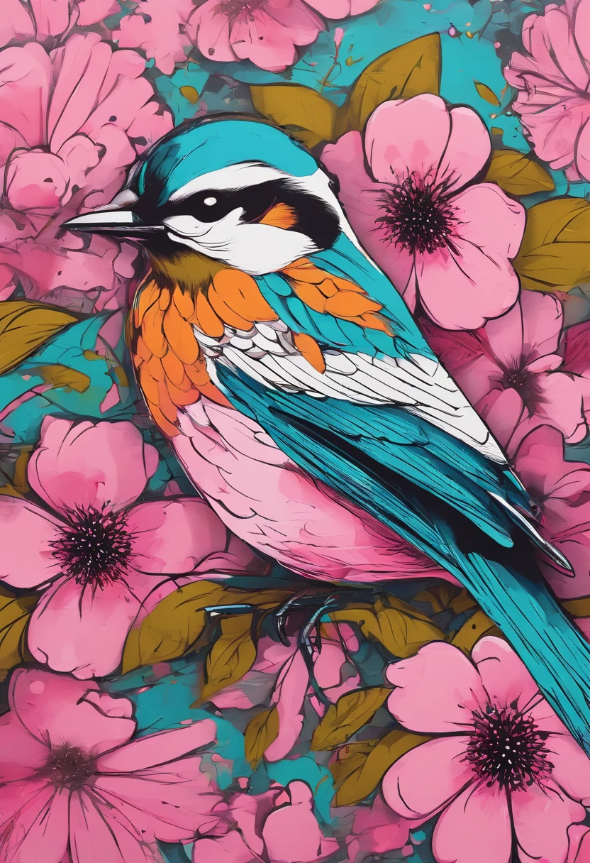 A bird remains in pink flowers,Take pollen,The colors are eye-catching,Sharp