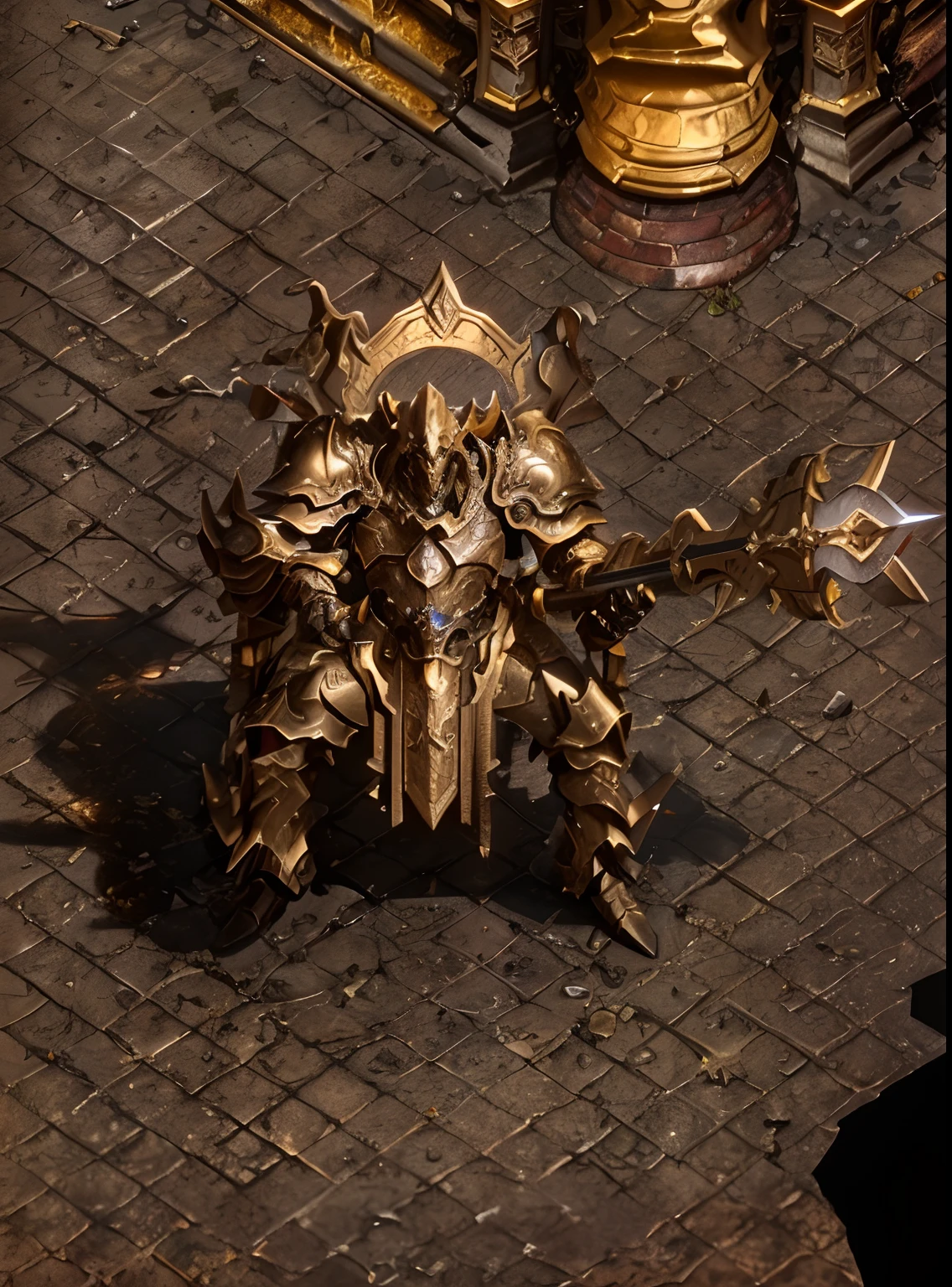 Image of Alphad sitting on a throne with a man in golden armor, Diablo 2, on an epic intricate oroboros, diablo 4 queen, ancient blacksmith god, The intricacies of Bodesmen, tai warlord, ornate supreme demon overlord, ares with heavy armor and sword, Diablo, minotaur from path of exile