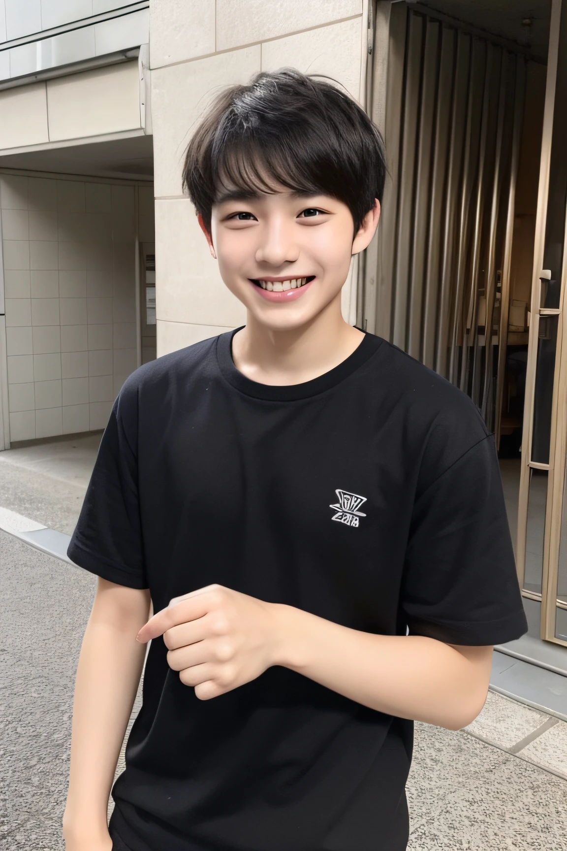 One Cute Boy, 17 age、Black hair, Short hair, Black eyes, Modern high school students' plain clothes, Smiling,