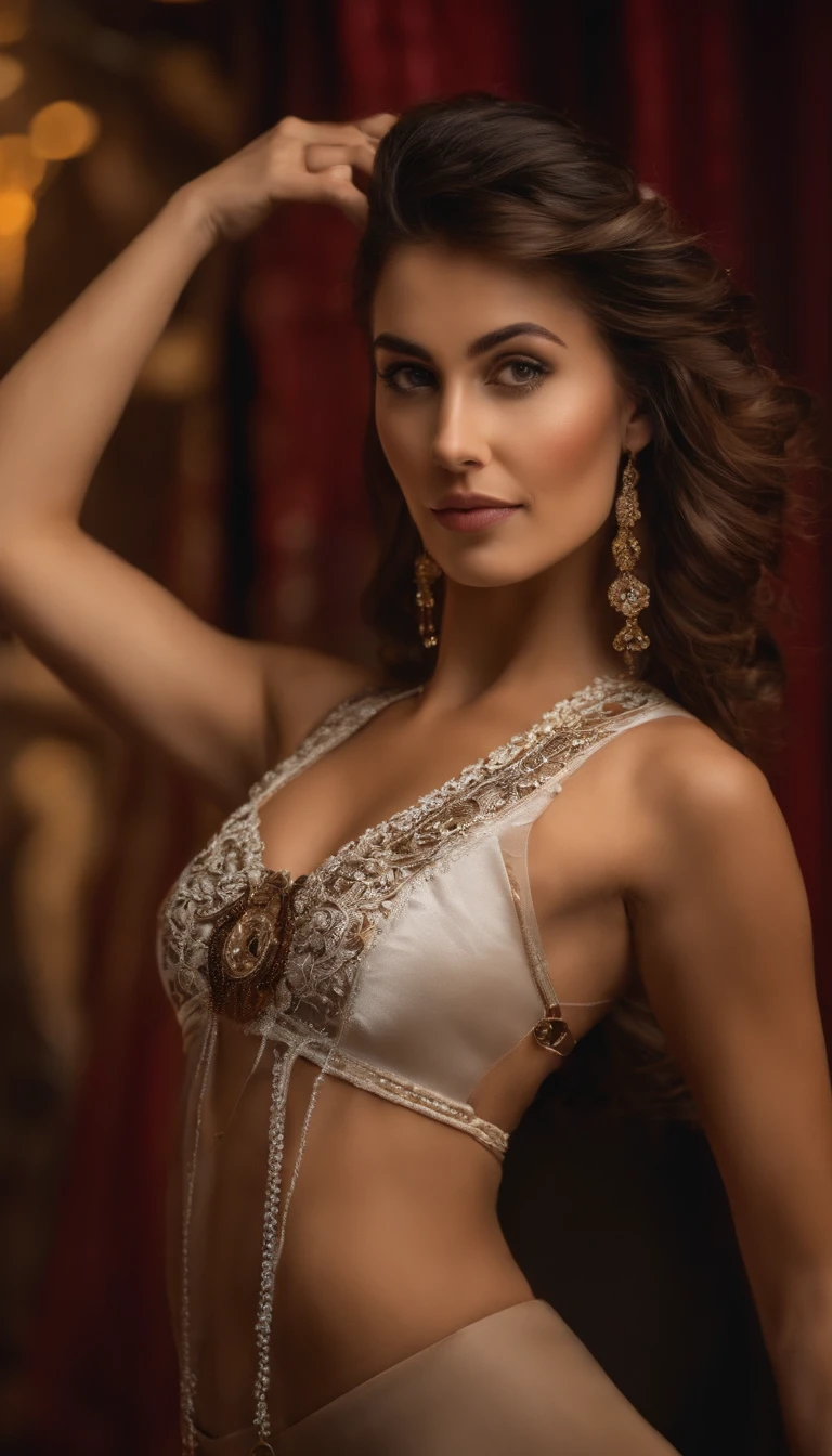 Hermosa joven morena con rulos, argentina, Standing on stage at a folk recital, Llevar una remera sin mangas con tirantes con el texto "Folclore Anuritay" impreso, exposed body, exposed breasts, vaqueros, hipy, in front of camera, realista, Detalles de gran intrincado, (obra maestra ), 32K