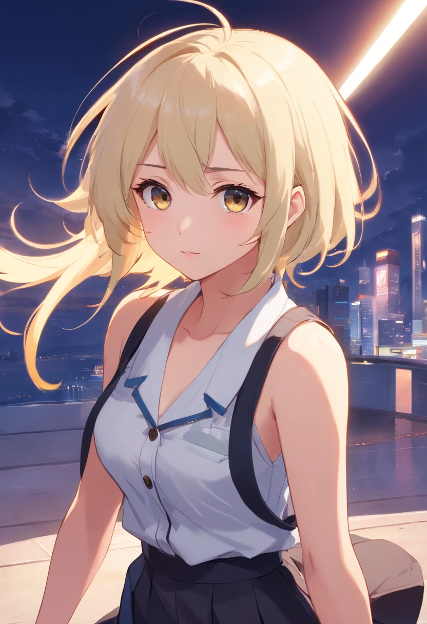 best qualtiy，超高分辨率，1girl，sleeveless white button shirt，a black skirt，Black collar，adolable，Short hair，brunette color hair，（Kpop idol），（aegyo sal：1），（Platinum blonde hair：1），（（puffy eye）），floating in air，full bodyesbian，facing sideways