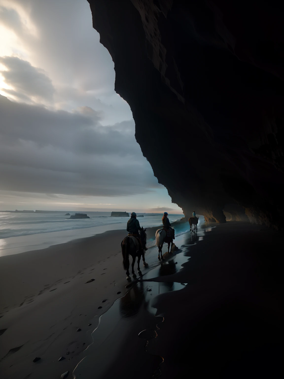 People ride horses on the beach near the cave, iceland, the see horse valley, Inside a huge dark cave, 4k movie still, 4 k movie still, epic cinematic shot, 8k hdr movie still, 8 k hdr movie still, beautiful dark beach landscape, gopro footage, cinematic ligh《befall》Still, Cinematic epic shots, amazing cinematography, 4K)