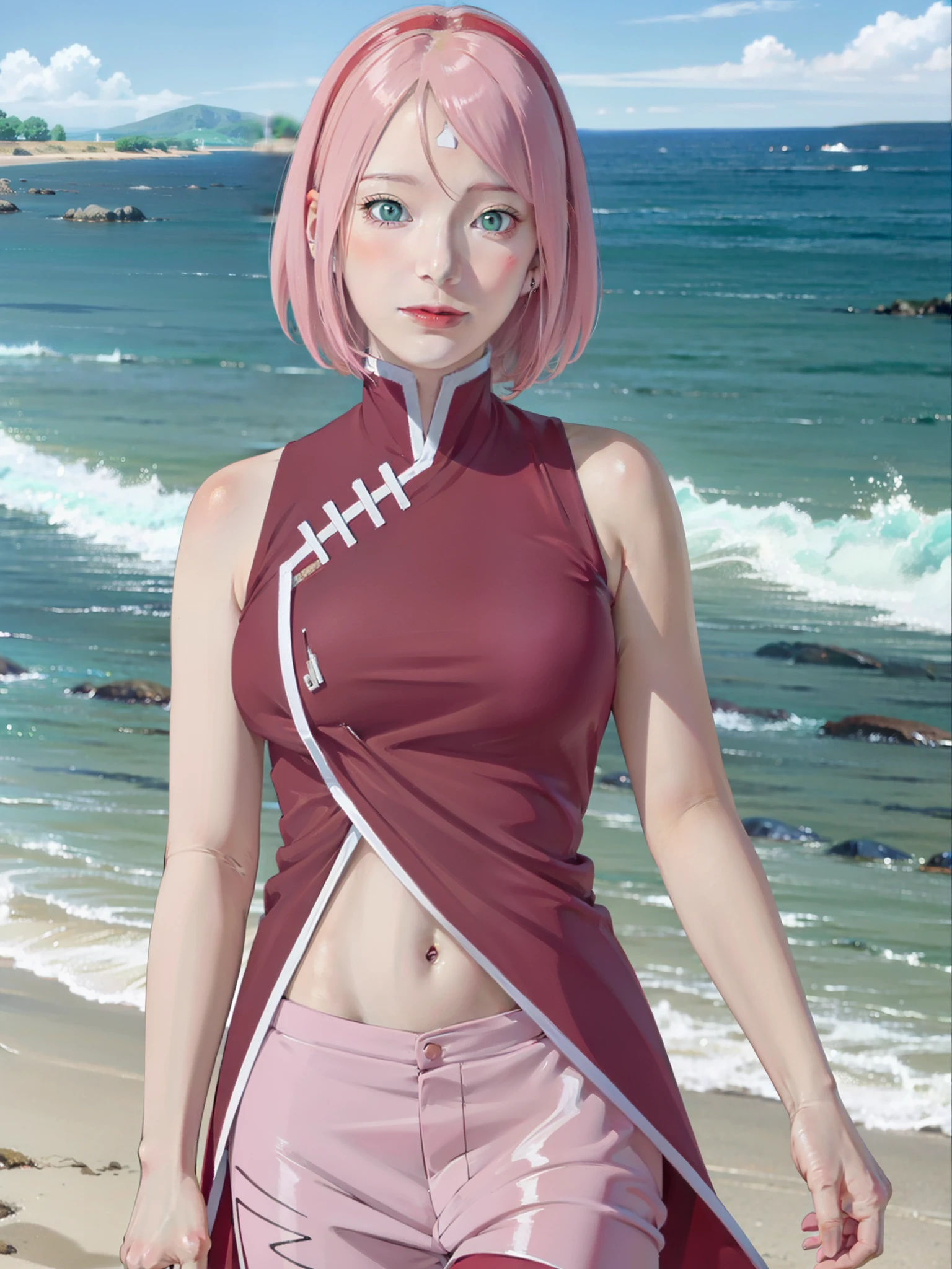 1girl, sakura in anime boruto, short hair, pink hair, green eyes, smile, beautiful, sexy dress, sexy clothes, red clothes, very big breast, realistic clothes, detail clothes, outdoor background, ultra detail, realistic