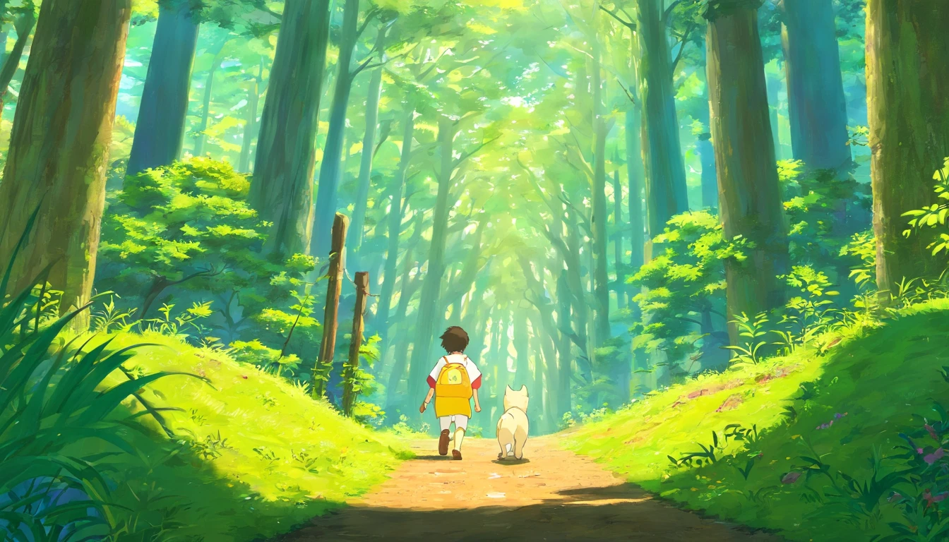 Boy in white top and his big yellow dog walking deep in the forest,It is surrounded by thick trees,There are moss on the trees,The land is wet,There are white mushrooms growing out,in style of ghibli,Wonderful,tmasterpiece,